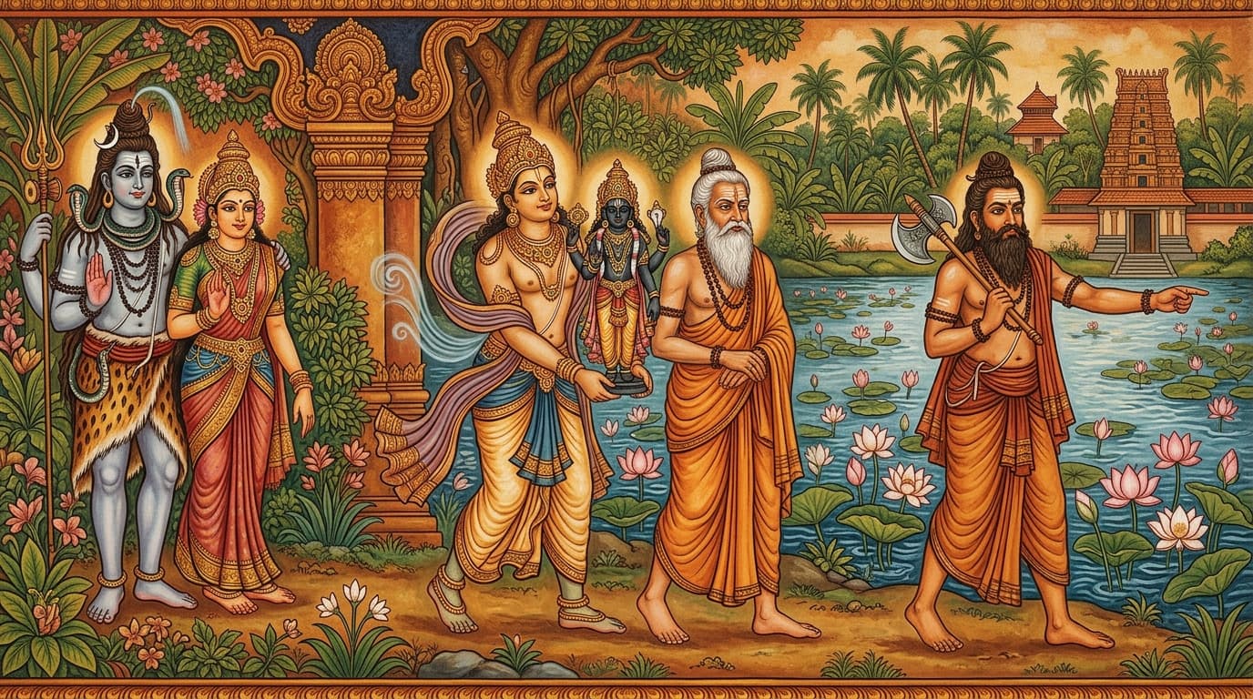 Artistic depiction of Guru Brihaspati and Vayu installing the sacred four-armed idol with Lord Shiva and Goddess Parvati blessing by the lotus lake