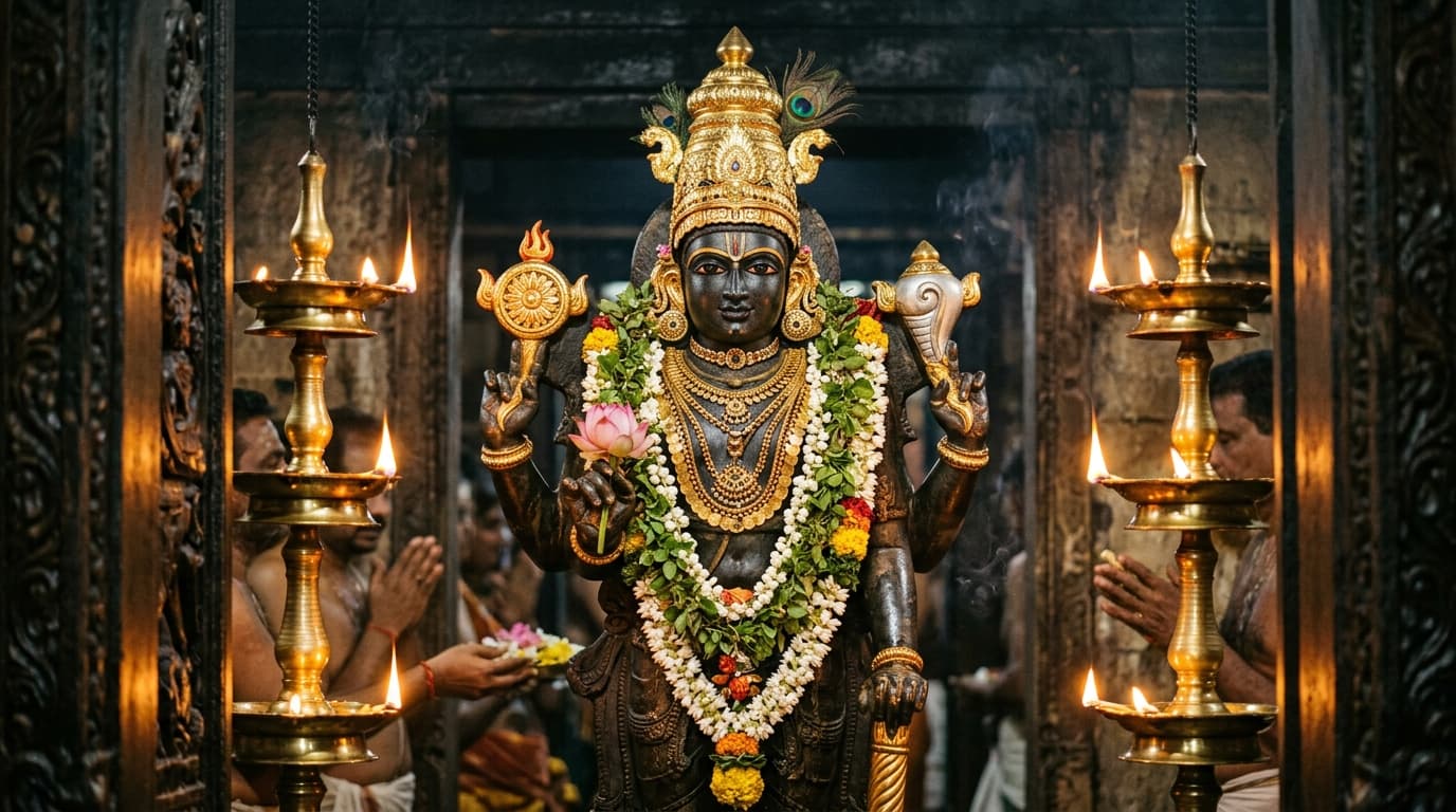 Sacred artistic representation of Lord Guruvayurappan in the majestic four-armed Chaturbahu Mahavishnu form holding conch, discus, mace, and lotus