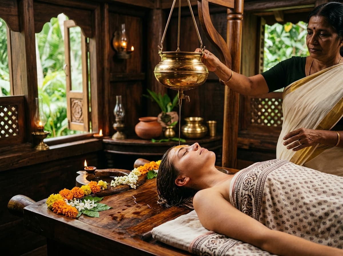 Traditional Kerala Ayurveda wellness treatment with herbal oil