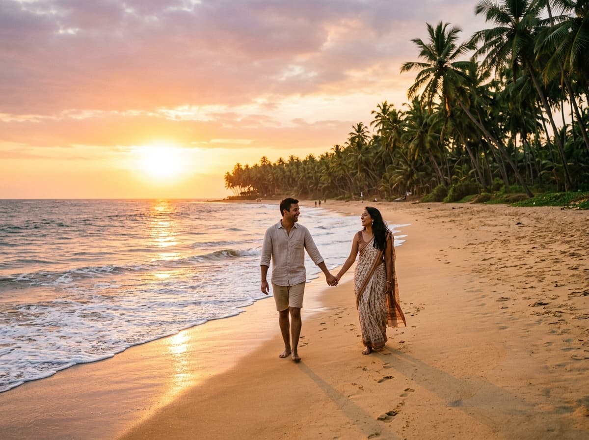 Couple enjoying a sunset walk on Kerala beach