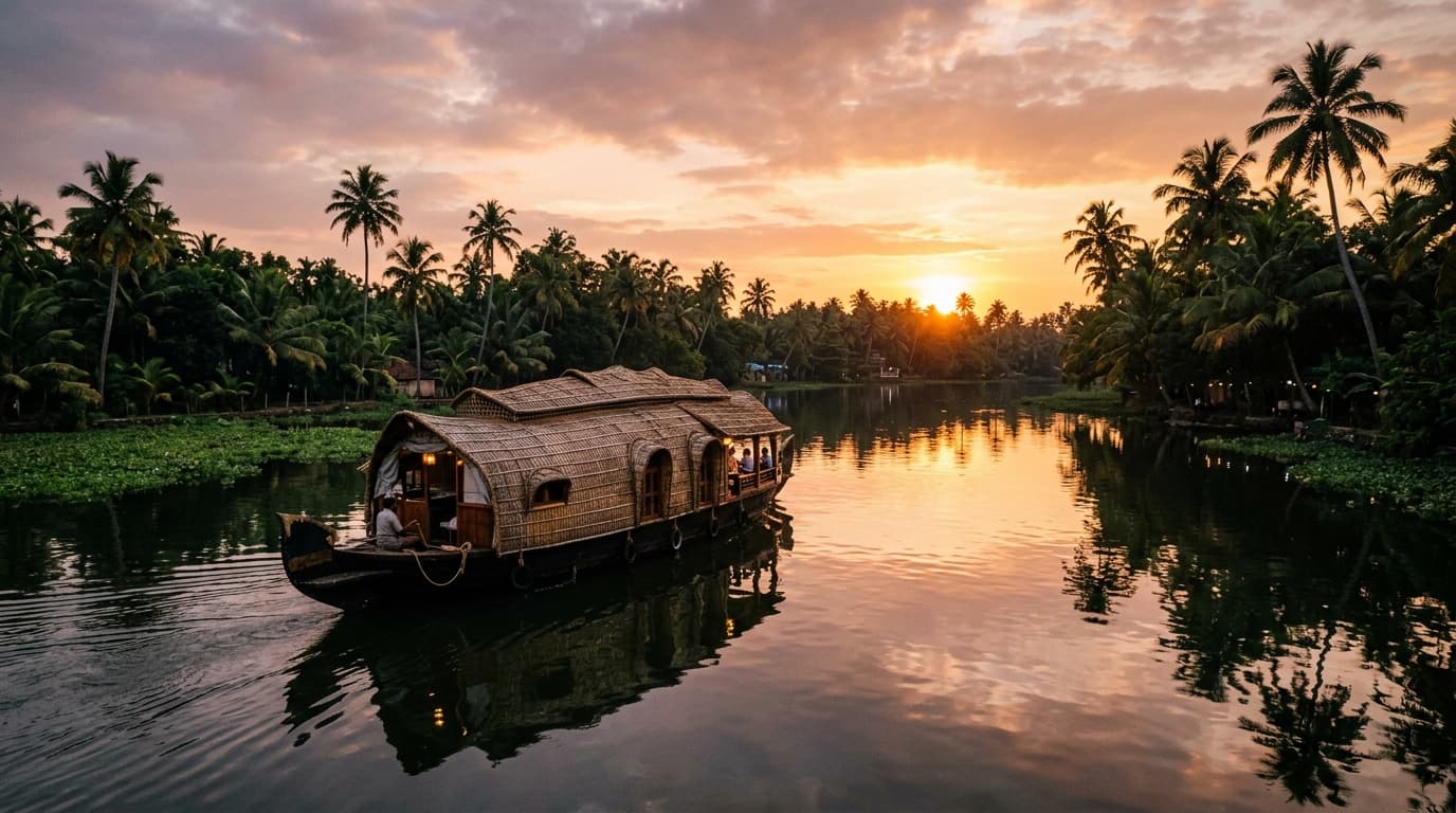 Kerala backwaters with traditional wooden houseboat at golden sunset